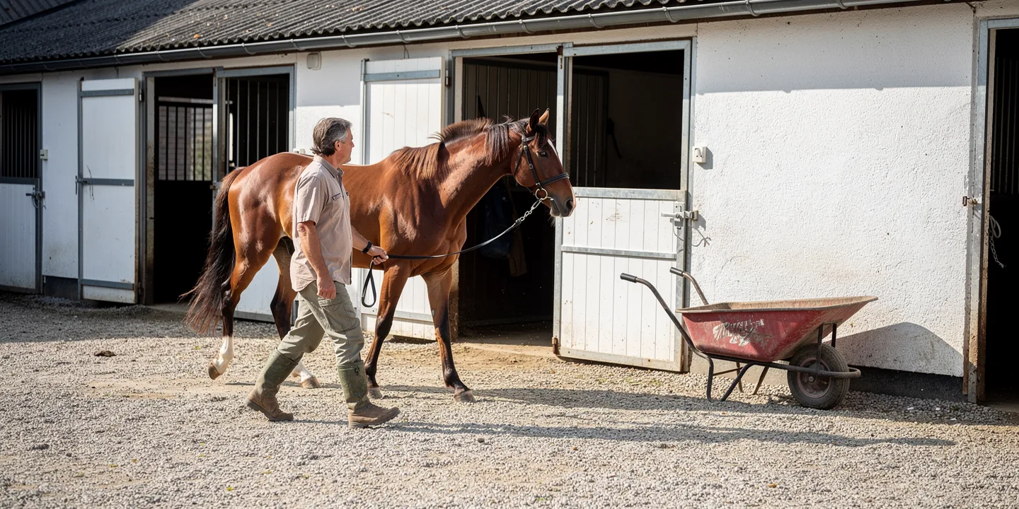 A horse and a handler crossing a bright stable yard beside whitewashed stalls