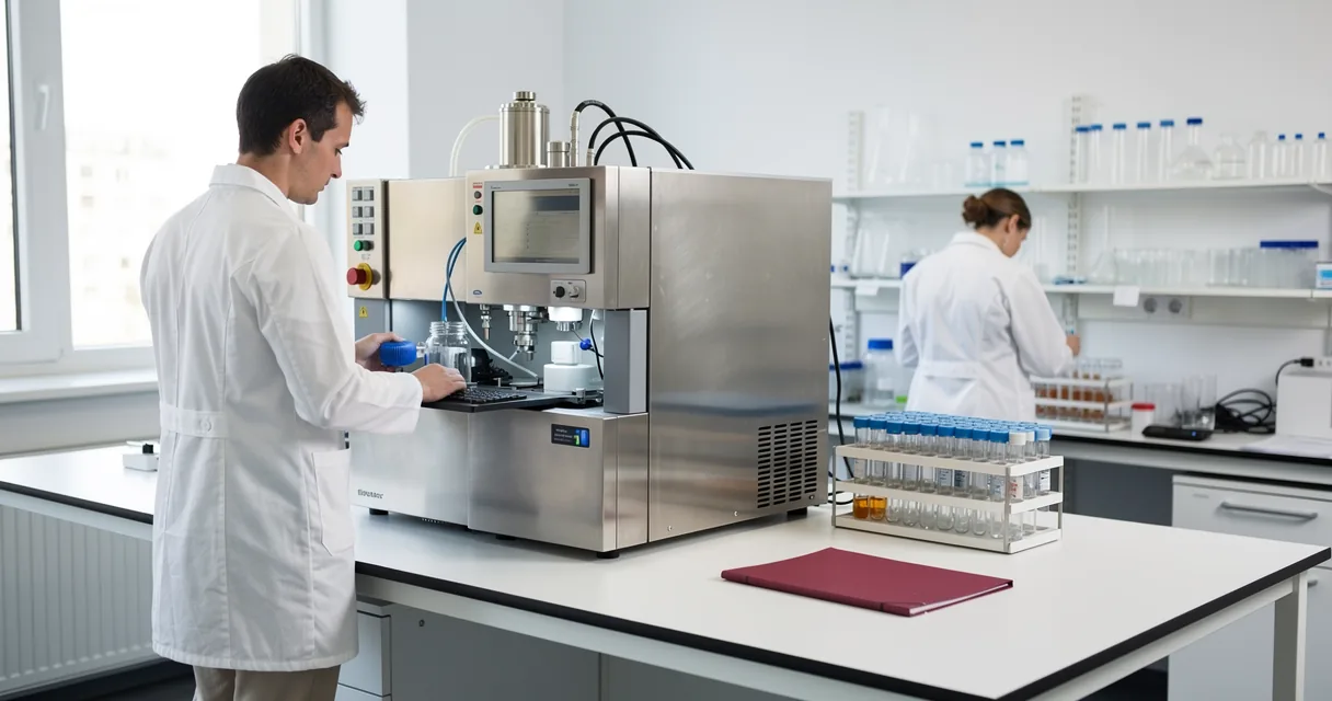 A technician checking an analytical instrument while another person sorts sample tubes on a bright white laboratory bench