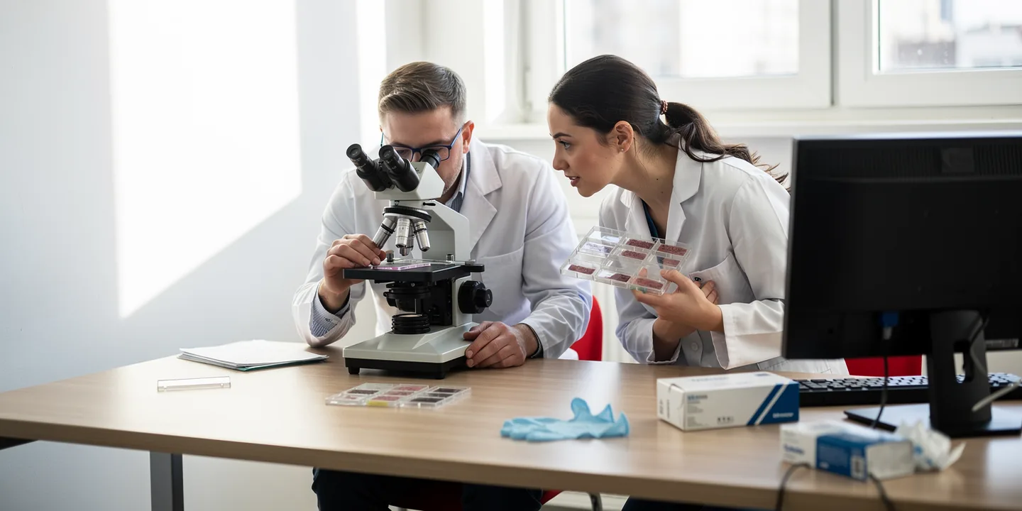 Two people examining tissue slides at a microscope on a sunlit laboratory bench