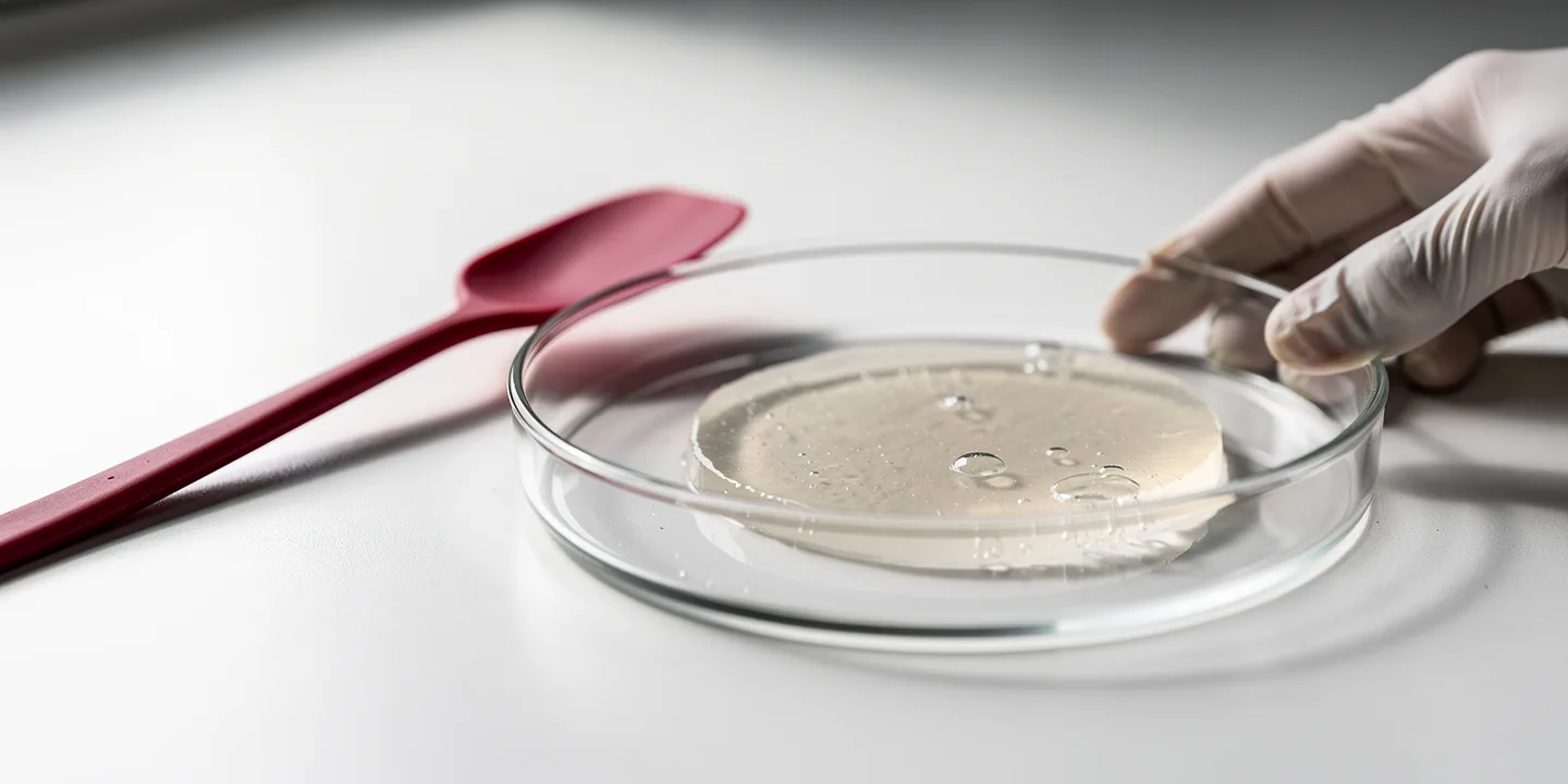 A translucent gel disk in a shallow glass dish on a white materials bench with a red spatula nearby
